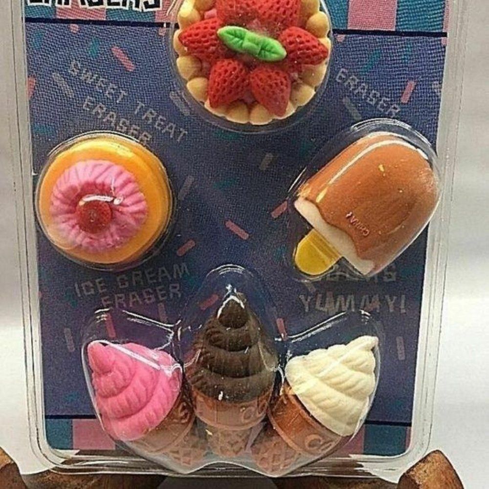Sweet Treat Eraser Set Miniature Dessert Ice Cream‎ Cupcake Tart 6 Piece New